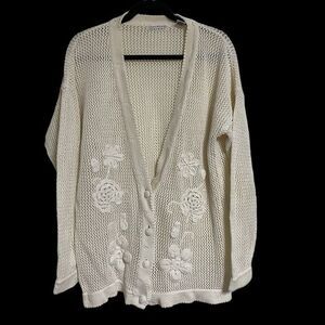 Vtg Express Tricot Womens Sweater Long Cardigan Size M Crochet Open Knit Flowers